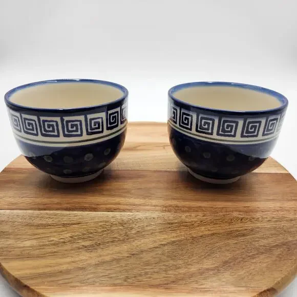 Pair Boleslawiec Polish Pottery Mugs Hand Made Cobalt Blue Greek Key Dot READ - Picture 5 of 10
